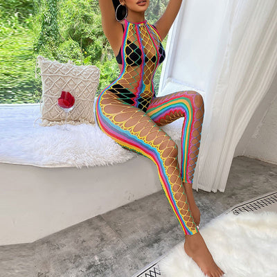 Colorful Halter Backless Hollow Out Fishnet Jumpsuit