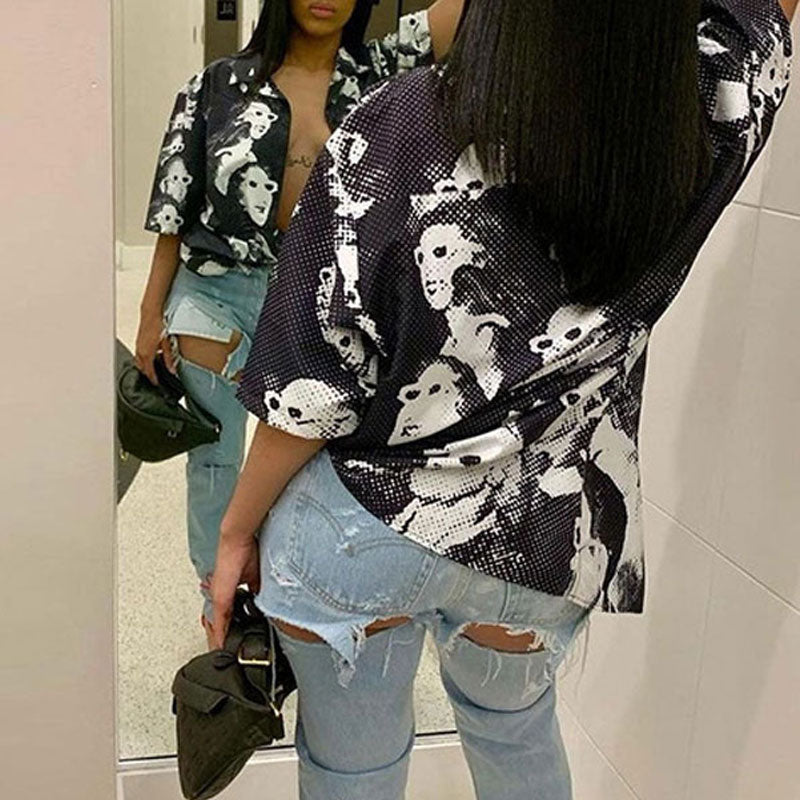 Letter Print Short Sleeve Loose Blouse