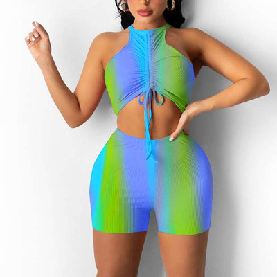 Print Sleeveless Drawstring Crop Top & Shorts Set