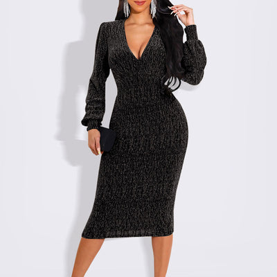 Glitter V-Neck Long Sleeve Midi Dress