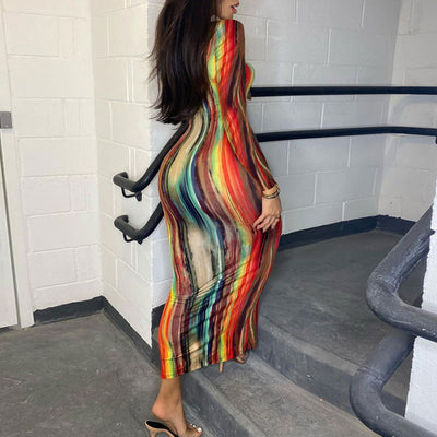 Tie Dye Print V-Neck Long Sleeve Maxi Dress