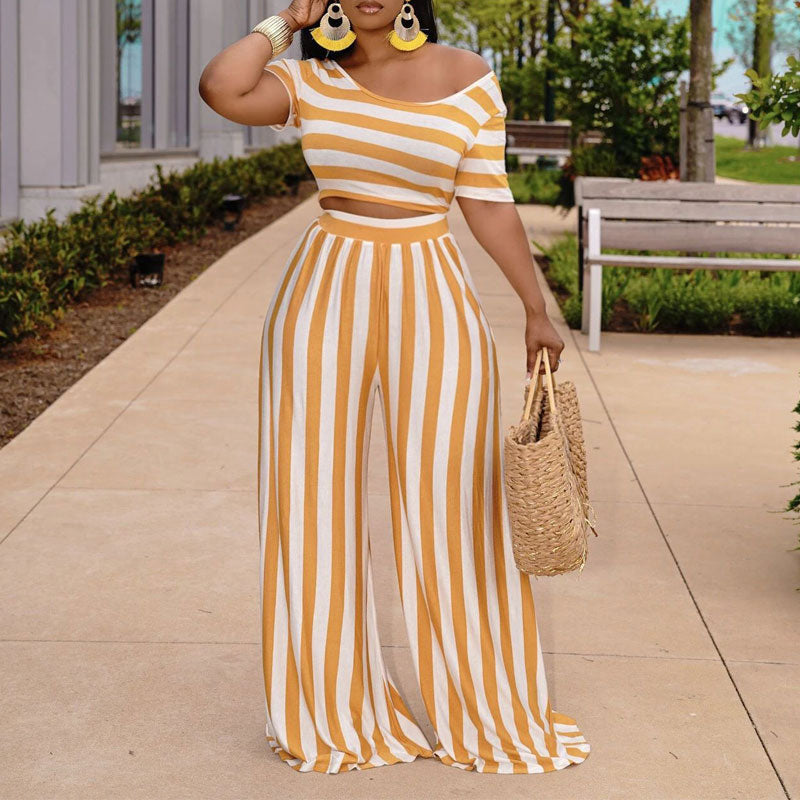 Striped Pattern Off Shoulder Crop Top & Wide Leg Pants Set