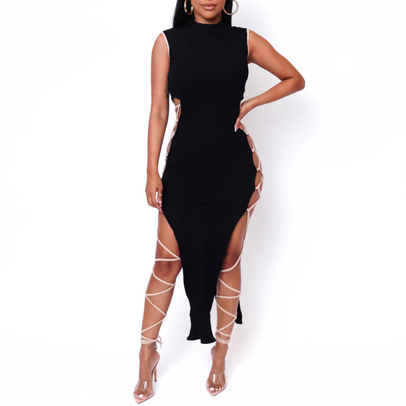 Colorblock Sleeveless Hollow Out Bangdage Slit Dress