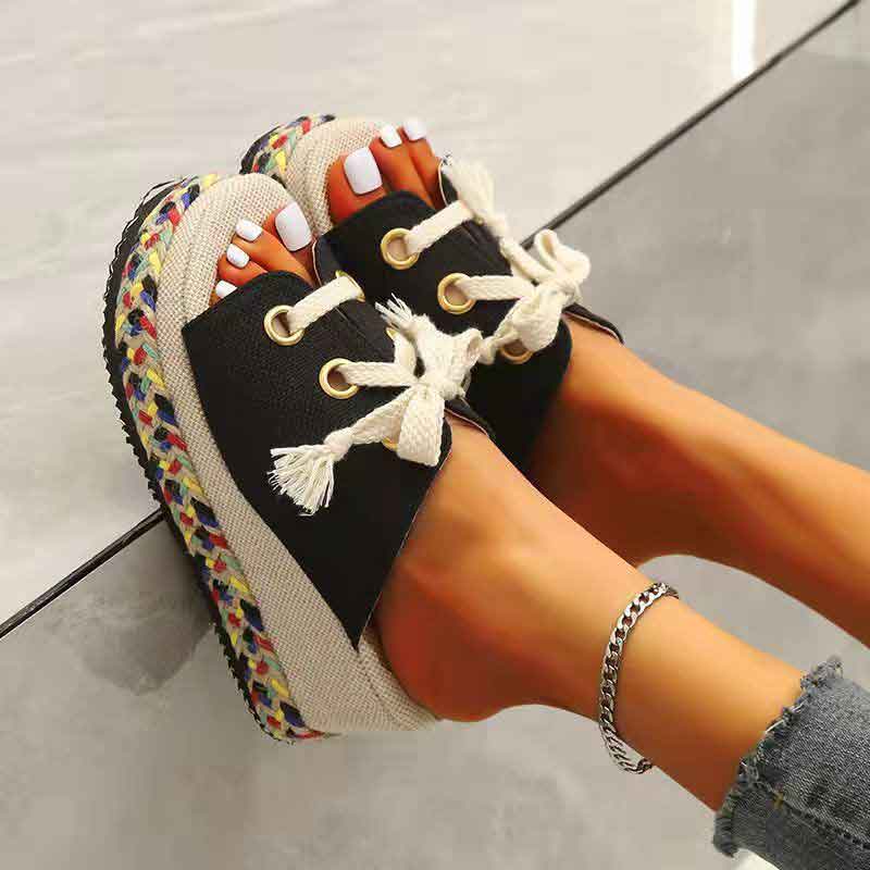 Colorblock Lace Up Braided Wedge Sandals