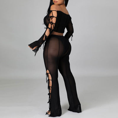 Sheer Mesh Off Shoulder Crop Top & Cut Out Pants Set