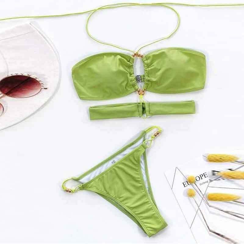 Solid Halter Beaded 2PCS Bikini Set