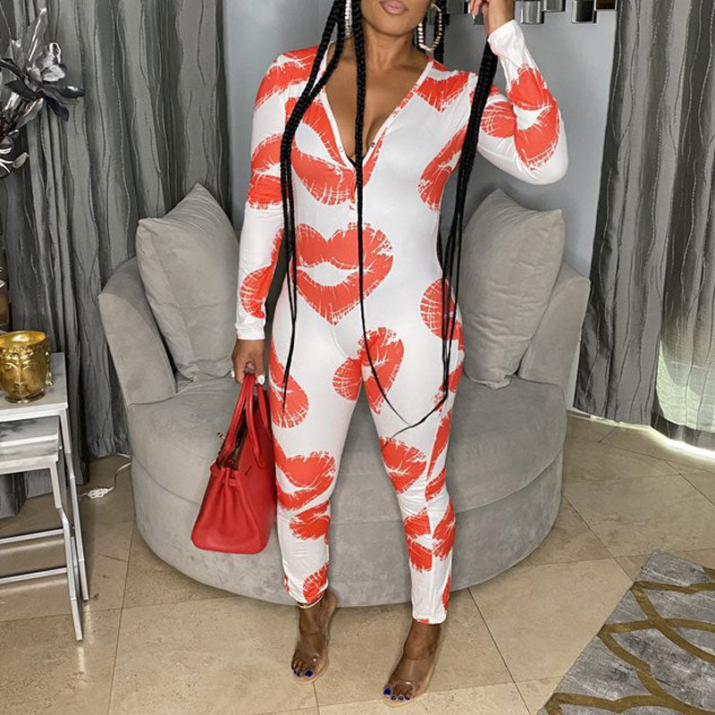 Heart Pattern Long Sleeve V-Neck Jumpsuit