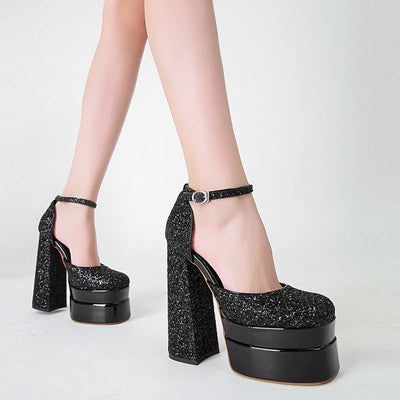 Sequins Ankle Strap Platform Chunky Heeled Sandals