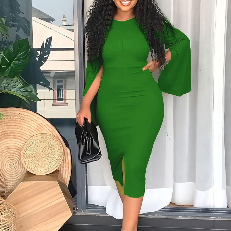 Solid Slit Sleeve Crew Neck Bodycon Dress