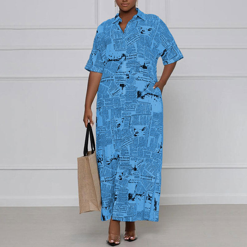 Newspaper Pattern Turndown Neck Short Sleeve Maxi Dress