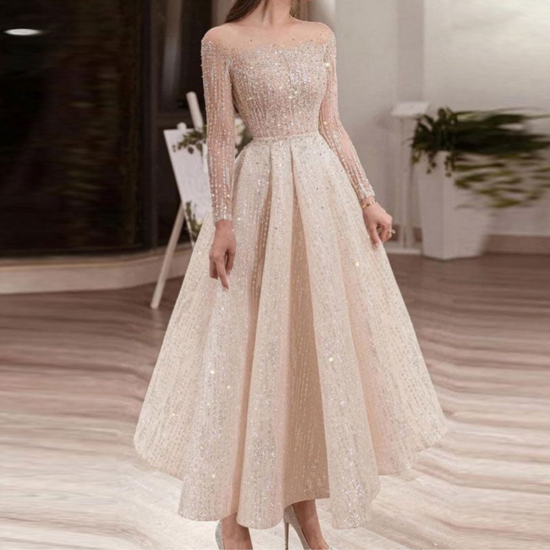 Sequins Mesh Long Sleeve Big Swing Evening Dress