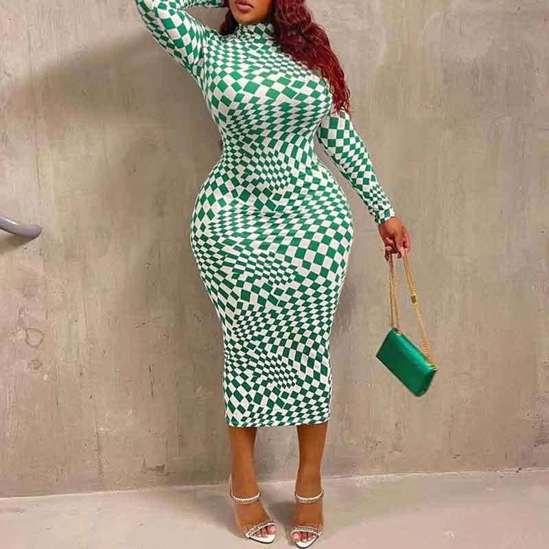 Print Long Sleeve Plus Size Midi Dress