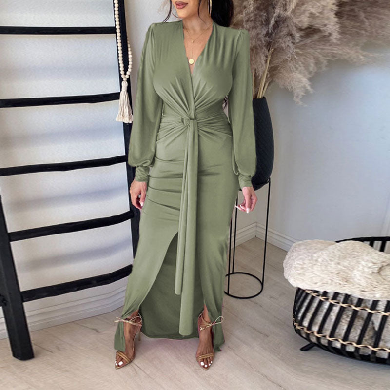 Solid V-Neck Long Sleeve High Slit Shirt Dress