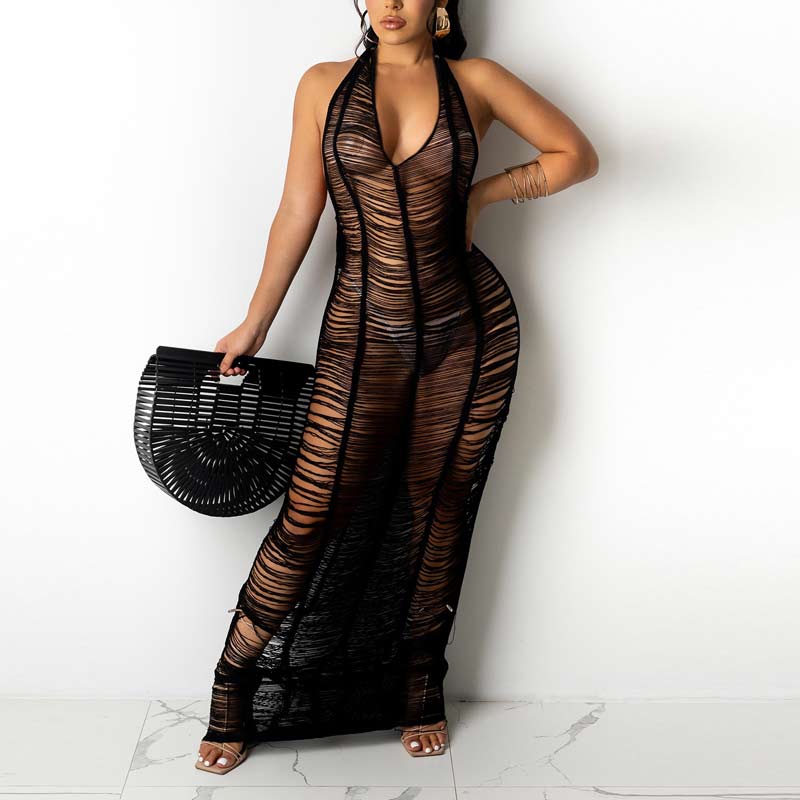 Solid Sleeveless Deep V-Neck Cut Out See Through Cover Up Dress