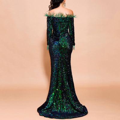 Sequins Off Shoulder Feather Design Floor-Length Evening Dress