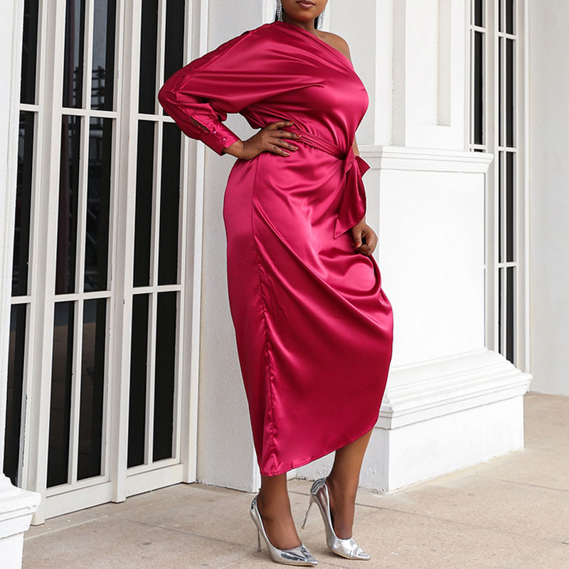 Solid One Shoulder Long Sleeve Belted Satin Ruched Dress