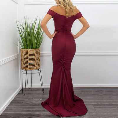 Solid Off Shoulder Ruched Slit Maxi Dress