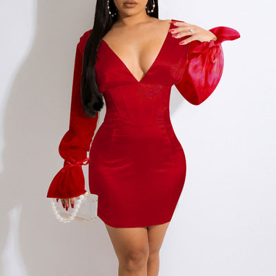 Solid Deep V-Neck Mesh Sleeve Mini Dress