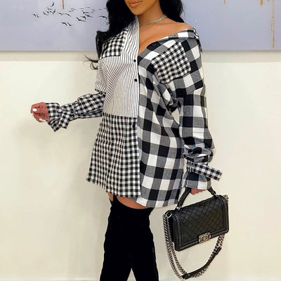 Colorblock Plaid Pattern Long Sleeve Shirt Dress