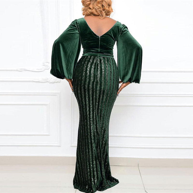 Sequins Lantern Sleeve High Slit Floor-Length Plus Size Dress