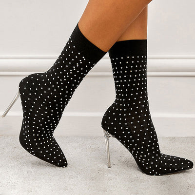 Rhinestone Pointed Toe Thin Heeled Booties