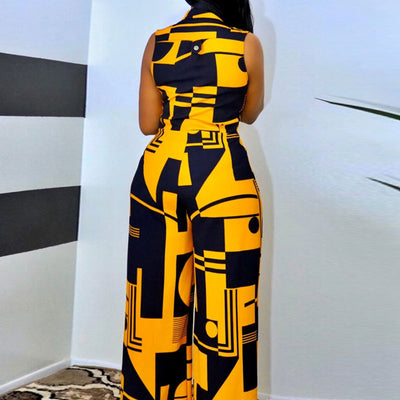 Graphic Print Button Detailed Wide Leg Jumpsuit