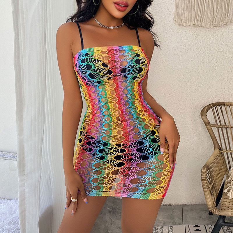 Colorful Off Shoulder Hollow Out Fishnet Dress