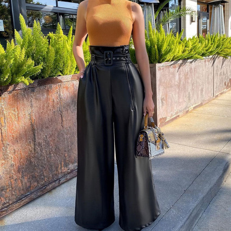 Solid High Waist PU Leather Wide Leg Pants