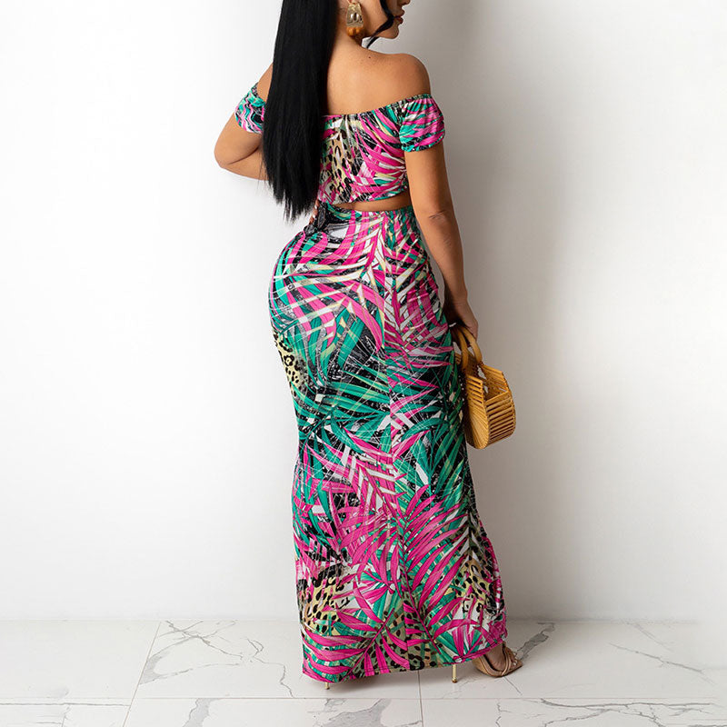 Print Off Shoulder Tube Top & High Slit Skirt Set