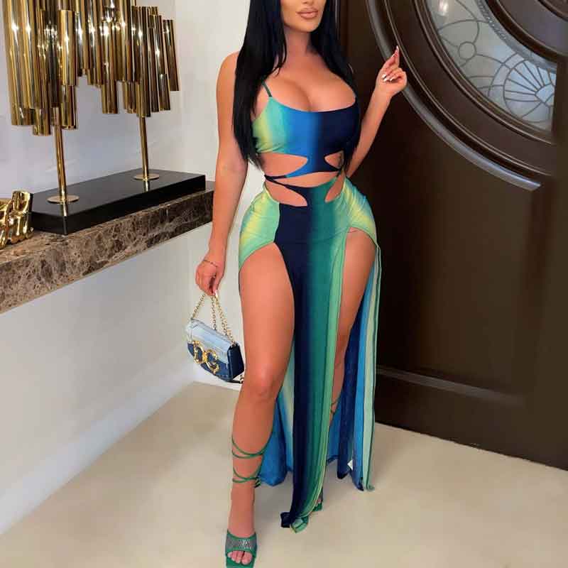 Print Sleeveless Cut Out High Slit Dress