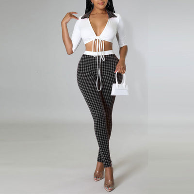 Houndstooth Print Tied Crop Top & Pants Set