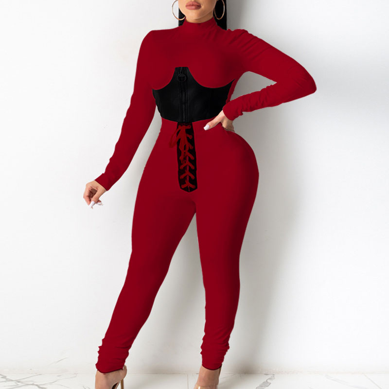 Colorblock Long Sleeve Crop Top & Lace Up Pants Set