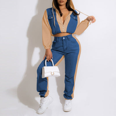 Colorblock Long Sleeve Denim Hoodie Top & Pants Set