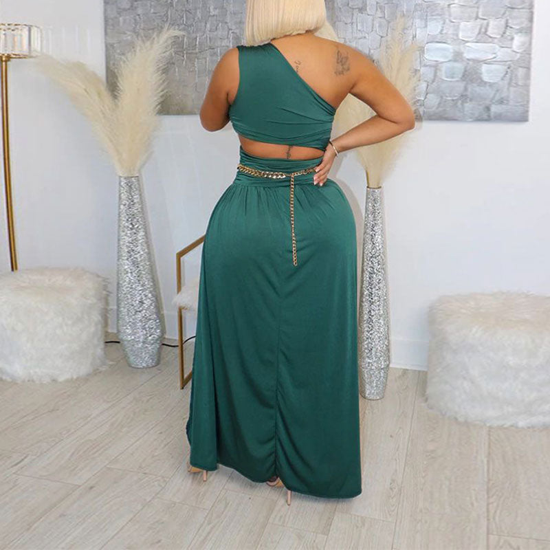 Solid Oblique Shoulder  Crop Top & High Slit Skirt Set