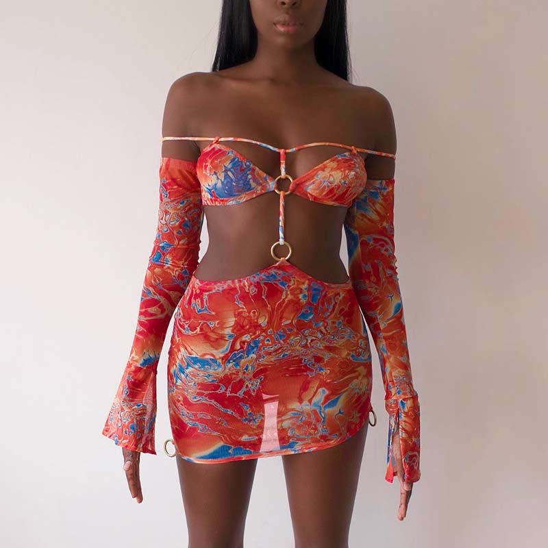 Print Off Shoulder Long Sleeve Cut Out Bodycon Dress