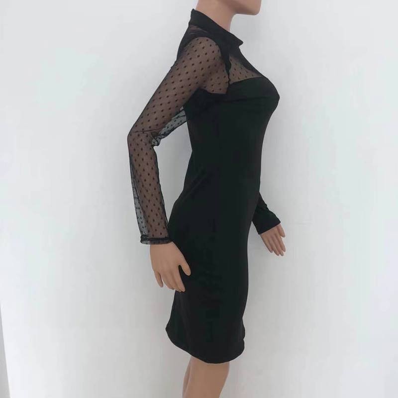 Solid Long Sleeve Sheer Mesh Bodycon Dress