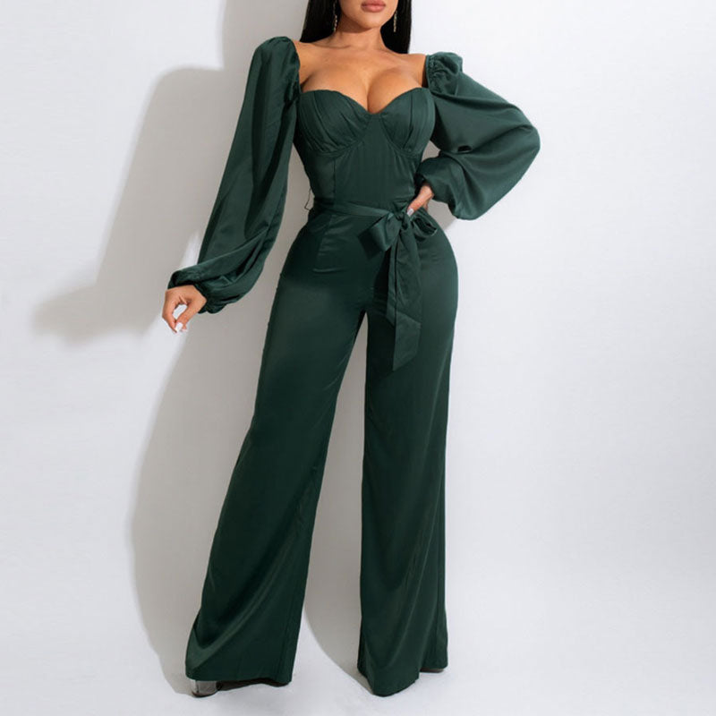 Solid Square Neck Long Sleeve Belted Jumpsuit