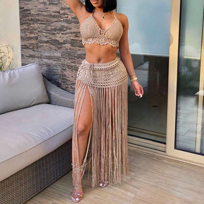 Solid Tassel Design Knitted Two Piece Skirt Set