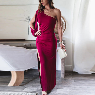 Solid One Shoulder Long Sleeve High Slit Maxi Dress