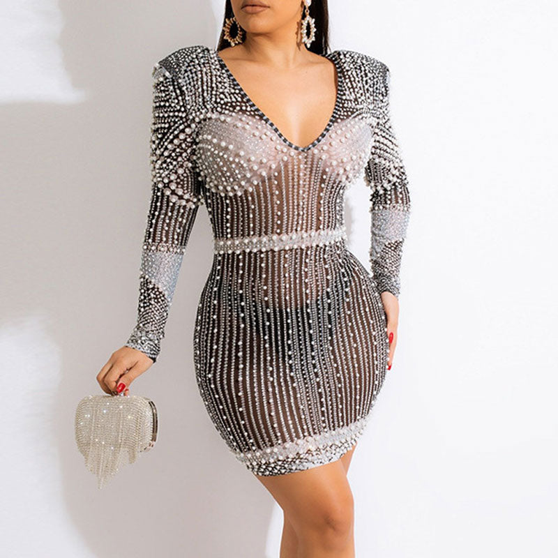 Rhinestone Beaded V-Neck Long Sleeve Mini Dress