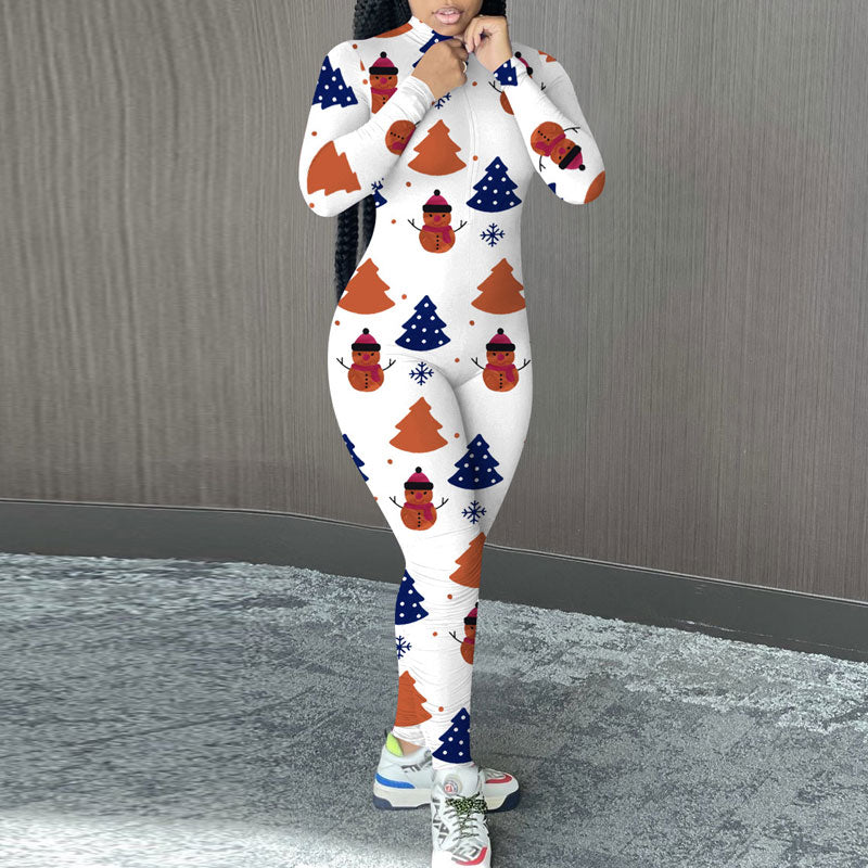 Christmas Print Long Sleeve Zipper Design Jumpsuit