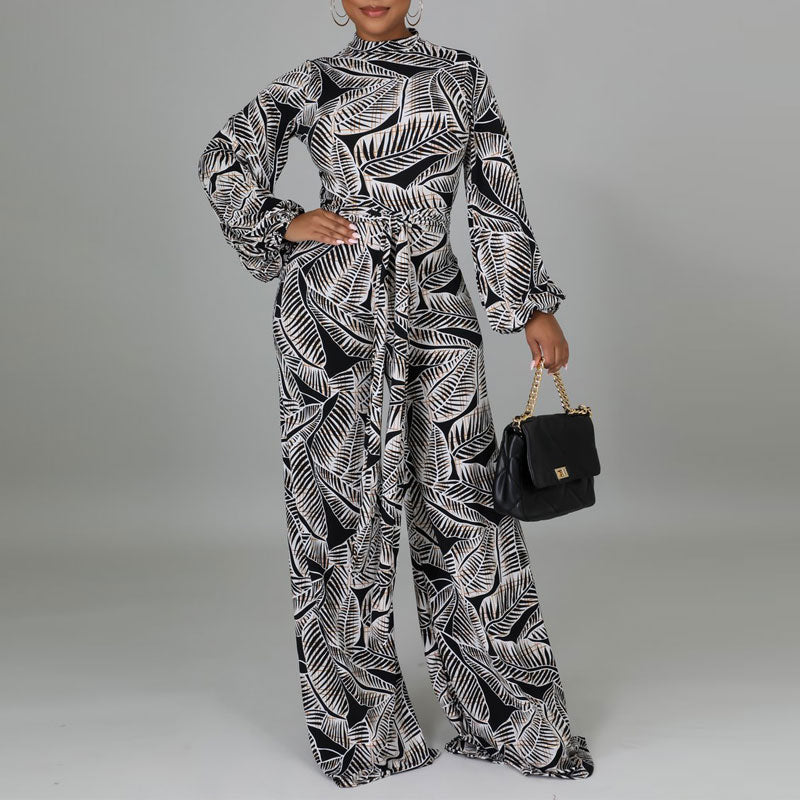 Print Lantern Sleeve Belted Loose Jumpsuit