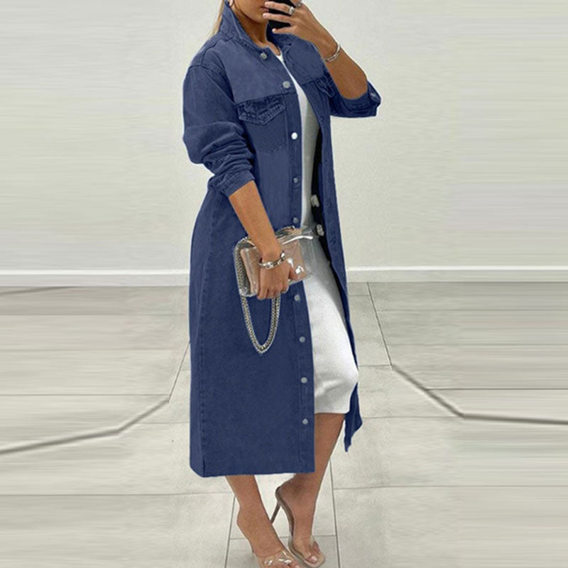 Solid Long Sleeve Button Detailed Denim Shirt Dress