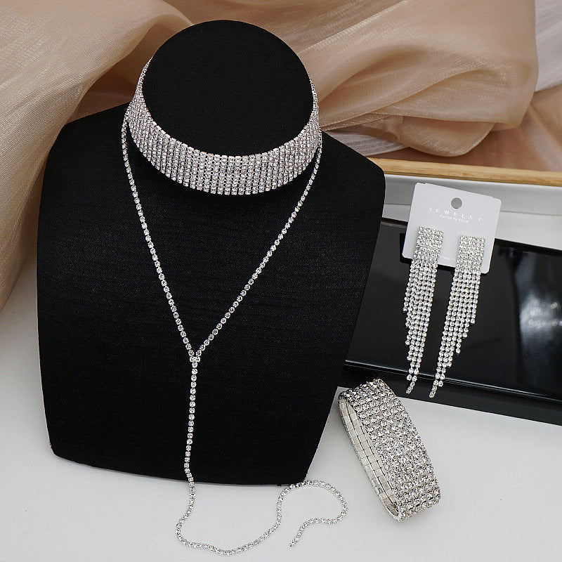 Rhinestone Tassel Design Necklace & Earrings & Bracelet Set