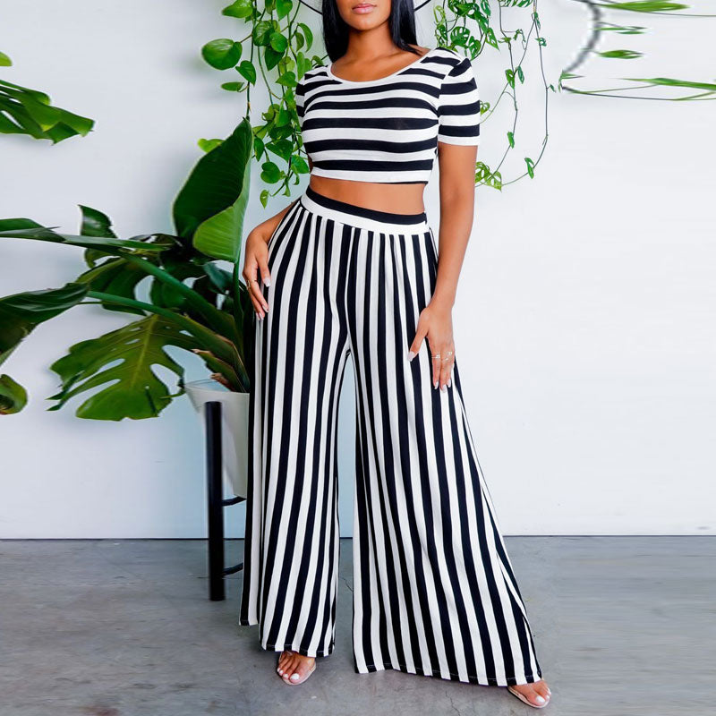 Striped Short Sleeve Crop Top & Wide Leg Pants Set