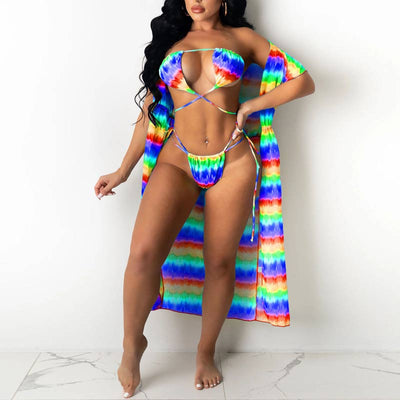 Print Bandage Hollow Out Three Piece Swimsuit Set