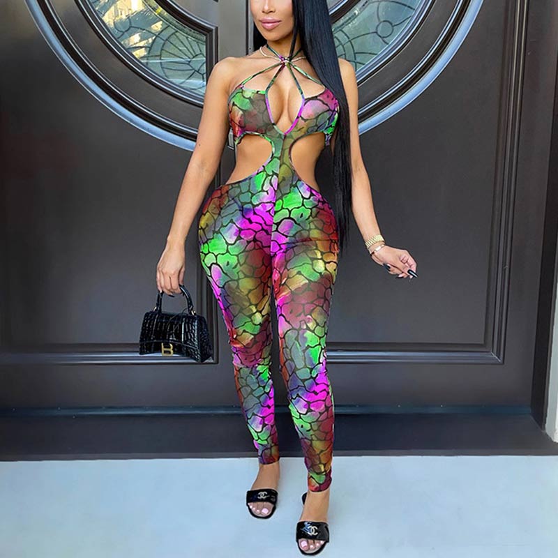 Print Sleeveless Halter Cut Out Jumpsuit