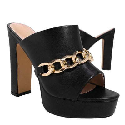 Peep Toe Chain Decoration Chunky Heeled Sandals