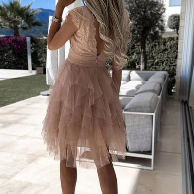 Solid Sleeveless Deep V-Neck Lace Mesh Mini Dress