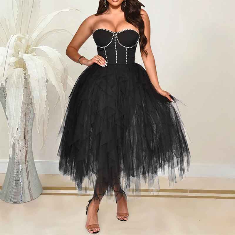 Rhinestone Off Shoulder Sheer Mesh Tulle Dress